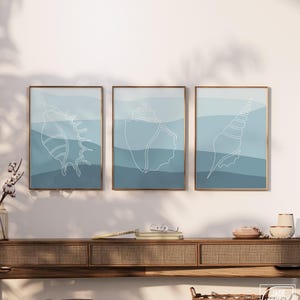 Conchas marinas y olas, arte abstracto para pared en gran formato, playa y olas, decoración playera. imagen 3