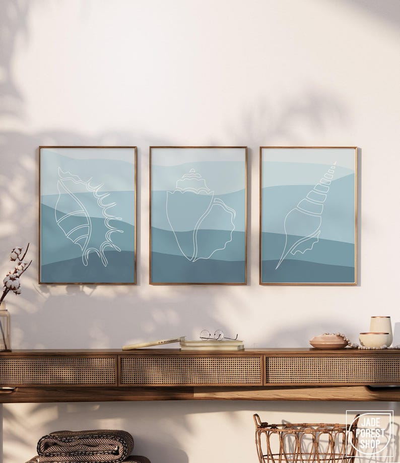 Conchas marinas y olas, arte abstracto para pared en gran formato, playa y olas, decoración playera. imagen 3