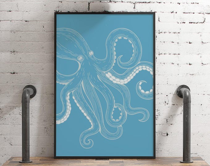 Wall Art Octopus, White Line Drawing on Denim Blue, Vintage Nautical Bath Decor