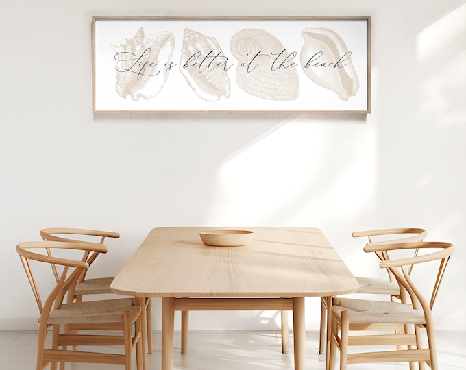 Coastal Seashell Wall Art, Wide Beach House Sign, Neutral Coastal Decor