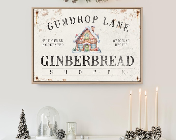 Gingerbread Decor Christmas Sign, Vintage Cream Holiday Kitchen Wall Art