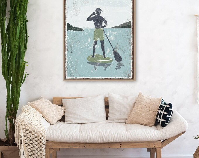 Lake House Wall Art: Vintage Paddleboarder - Rustic Green Accent