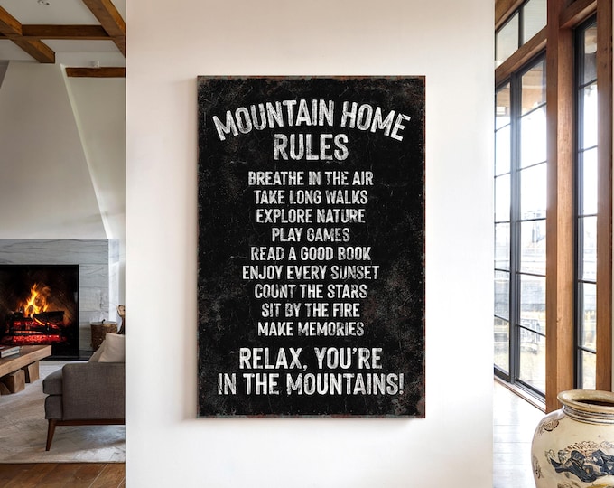 Mountain House Rules Sign, Black and White Lodge Cabin Wall Decor