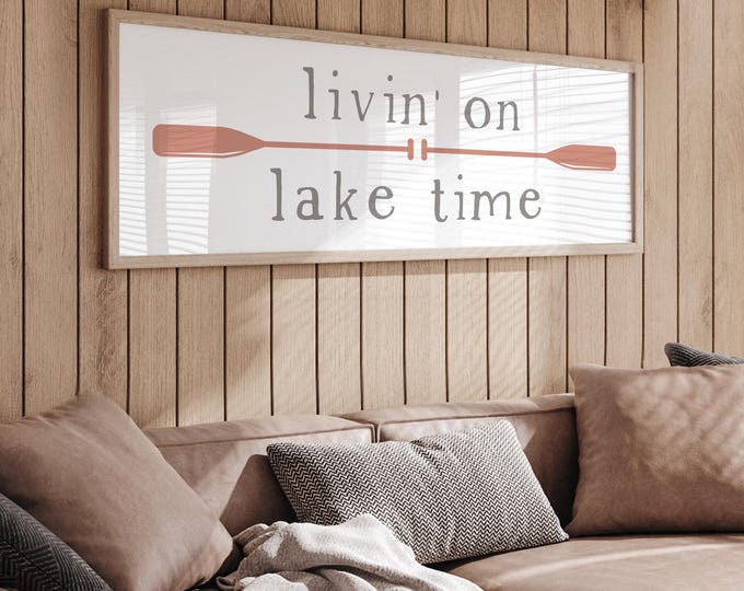 Livin' on Lake Time Canvas, Minimalist Coastal Wall Art, Boat Oars in Coral Accent, Boat Enthusiast Gift, Lake House Hostess Gift Idea