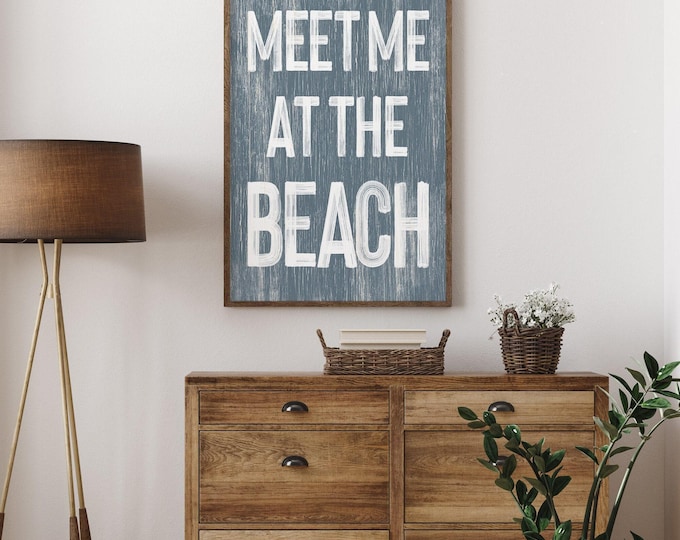 Meet Me At The Beach Sign, Harbor Blue Retro Coastal Beach House Art