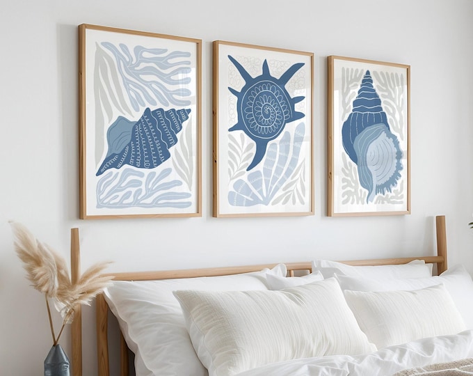 Seashell Triptych Wall Art, Dusty Blue Conch Urchin Spiral Prints, Coastal Set of 3