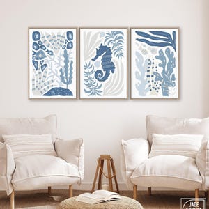 Underwater Ocean Triptych Wall Art, Neutral Coastal Canvas Set, Calm Blue Decor
