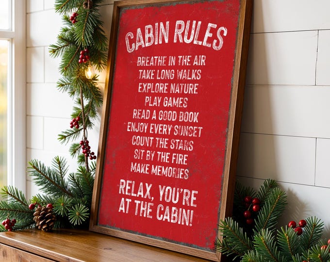 Retro Cabin Rules Sign in Red, Cozy Ski Lodge Art, Unique Winter Gift Idea