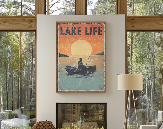 Vintage Lake Life Sign Sunset, Man on Fishing Boat, Lake Life Decor, Fishing Gift for Dad, Fishing Gift for Him, Gift for Fisherman