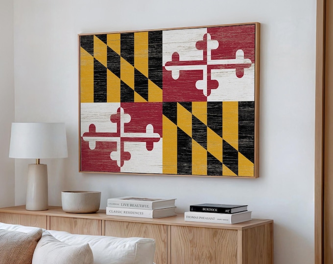 Ocean City Maryland State Flag Decor, Black Gold Red Distressed Wall Art