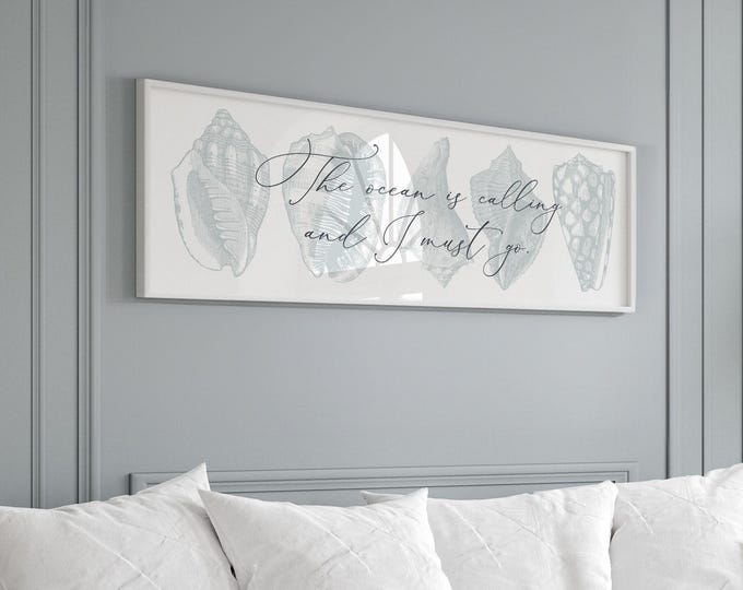 Seashell Canvas Wall Art, Ocean Quote, Blue Coastal Design (Multiple Sizes)