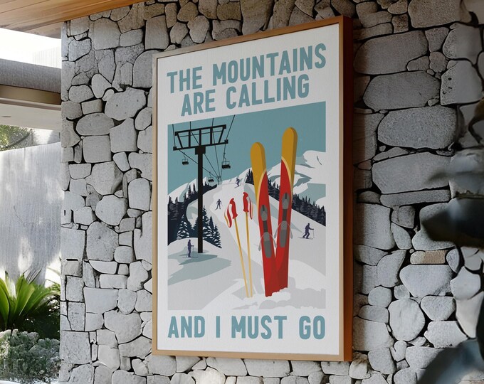 Ski Decor Sign, The Mountains Are Calling, Festive Season Decor, Tiny Cabin Wall Art, Festive Rustic Gift