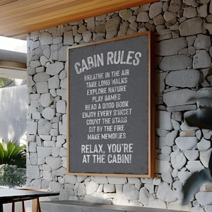 Ski CABIN RULES Sign, Ski Lodge Cabin Decor, Distressed Cabin Wall Art, Ski Lodge Canvas Print, Ski Gift for Her, Slate Gray Ski Cabin Sign