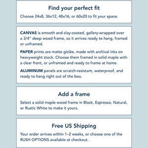 Sizing and framing guide for the barn red "Let It Snow" sign, listing available print sizes and frame add on options.
