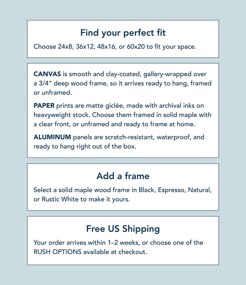 Sizing and framing guide for the barn red "Let It Snow" sign, listing available print sizes and frame add on options.