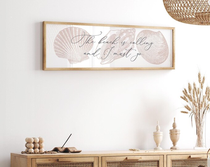 Coastal wall art with blush pink shells, the beach is calling and I must go, large white canvas print