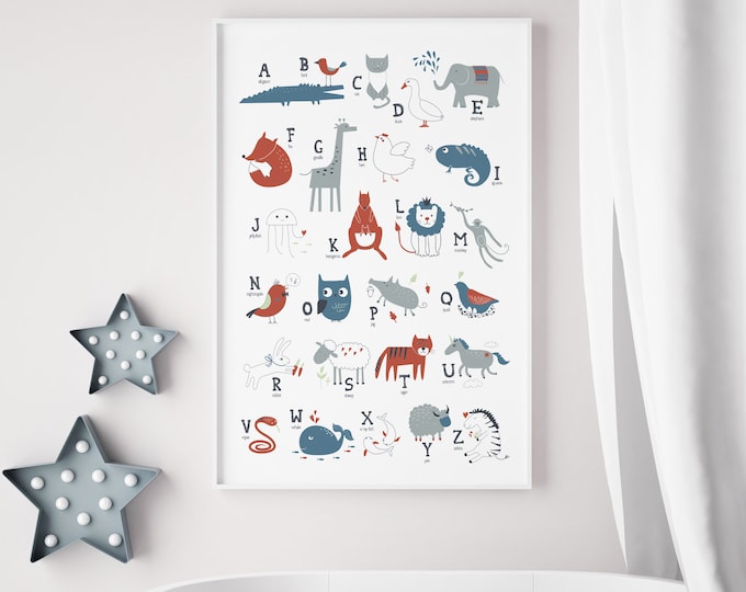 animal ALPHABET sign, nursery wall art for above crib, colorful animal alphabet poster, gift for zoo themed nursery, cute nursery decor