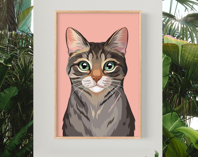 Cat Gift for Dad, Gray Mackerel Tabby on Dusty Pink, Pop Art Feline Wall Decor, Pet Print