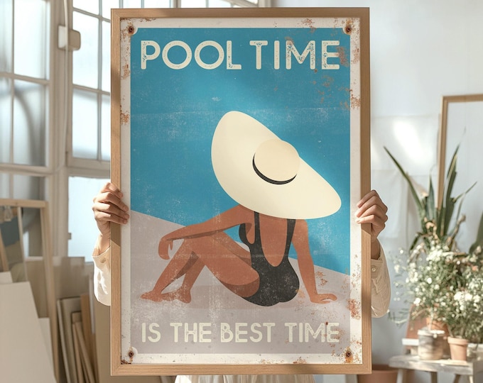 Vacation Pool Wall Art, Blue and Cream Retro Sun Hat Sign, Swim Gift for Mom
