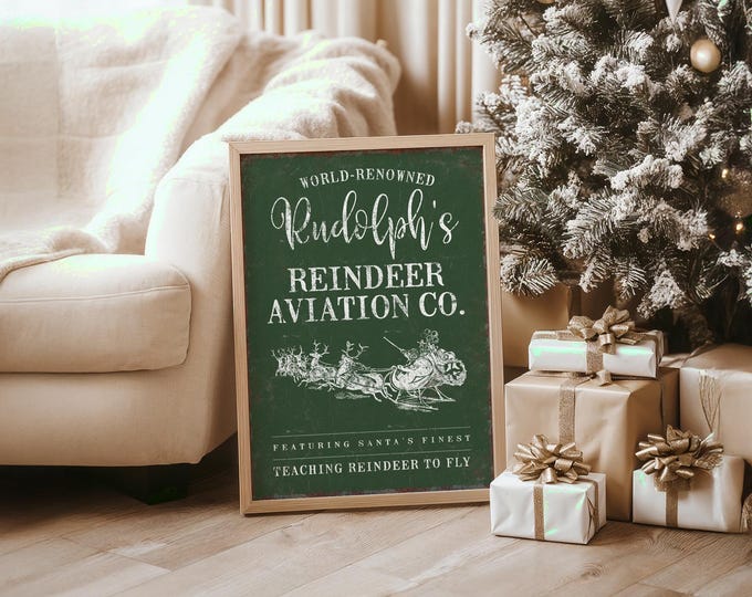 Winter Scene Holiday Sign, Green Rudolph Sleigh Christmas Decor, Sage and Cream Wall Art