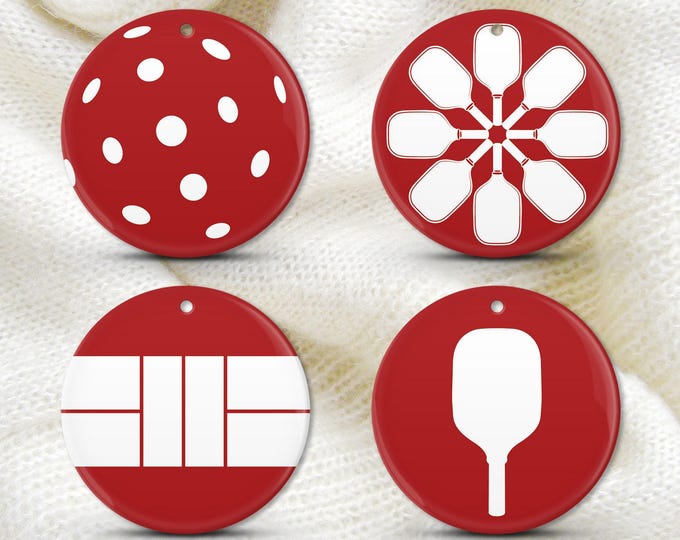 Pickleball Holiday Ornaments: Set of 4 (Double-Sided, Ceramic or Aluminum)