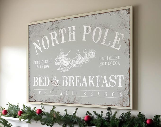 Light Gray Christmas Sign, North Pole Style Holiday Wall Art in Cream Lettering