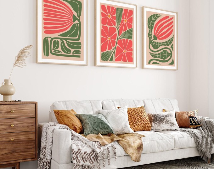 Triptych Wall Art: Modern Flower Blocks - Framed 3 Piece Set
