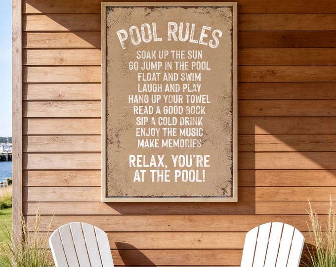 Pool Rules Soak Up The Sun, Cream And Tan Backyard Wall Art, Summer Gift