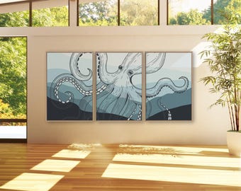 Retro Octopus Triptych, Framed Beach Canvas Set, Unique Ocean Gift Idea