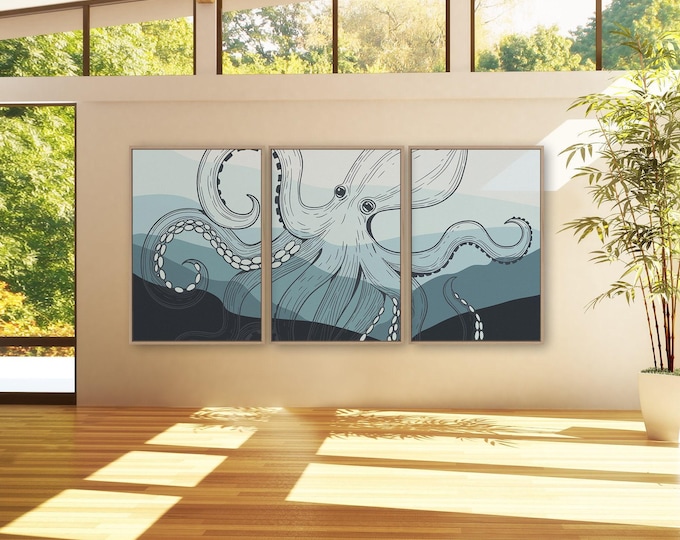 Octopus Triptych, Octopus 3 Piece Framed Set, Retro Octopus Canvas Prints, Large Ocean Wall Decor, Beach Decor Outdoor, Ocean Waves 02