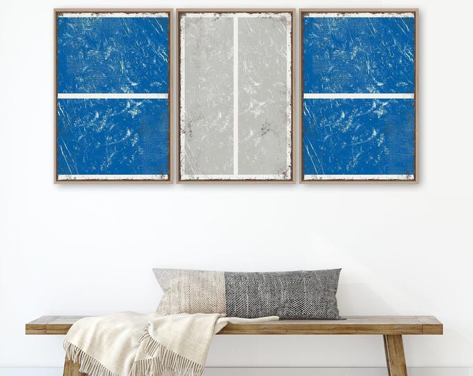 Pickleball Court Triptych Art, 3 Piece Ocean Blue and Stone Gray Set, Coastal Wall Decor for Players