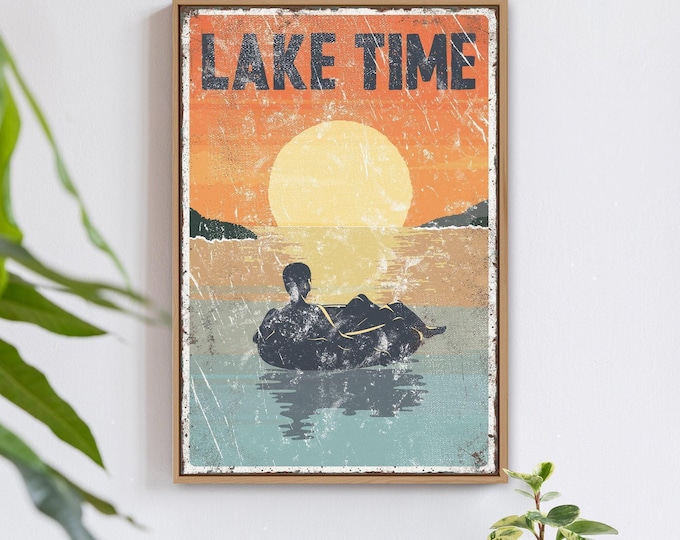 Vintage Lake Art, Lake Time Sunset Sign with Floating Inner Tube, Cabin and Cottage Wall Decor