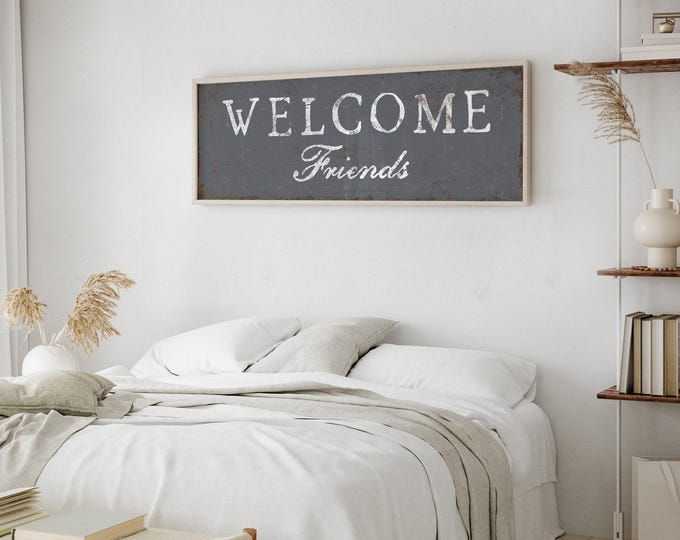 Caps Over Friends Welcome Sign, Slate Gray Banner, Farmhouse Entryway Art