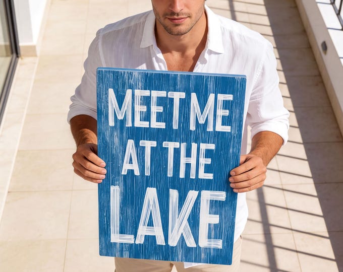 Sign Vintage Rustic, Meet Me at the Lake, Ocean Blue Wall Art, Gift for Her