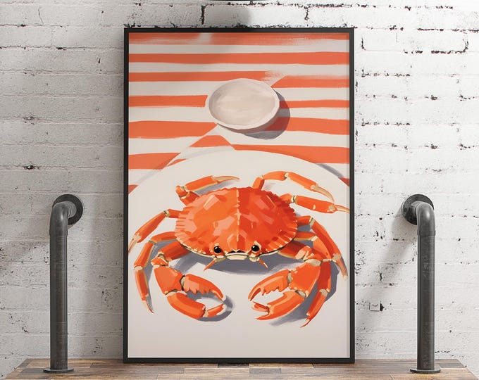 La Dolce Vita Crab Print, Claws Spread on a White Plate, Coastal Kitchen Wall Art