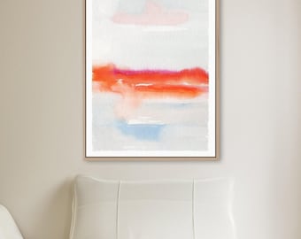 Abstract Wall Art, Coastal Sunset Horizon in Coral and Pale Blue, Neutral Canvas