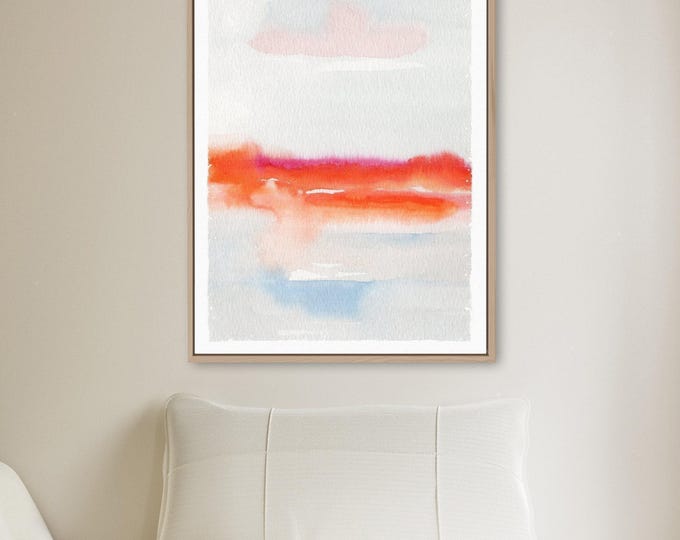 Abstract Wall Art, Coastal Sunset Horizon in Coral and Pale Blue, Neutral Canvas