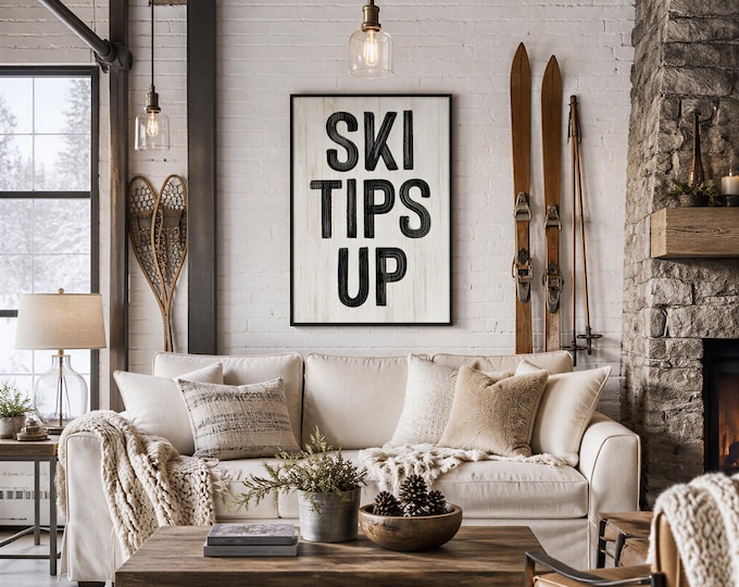 Black Ski Art, SKI TIPS UP in Charcoal on Whitewashed Plank, Mudroom Lodge Sign