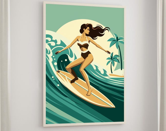 Surf Wall Art, Woman Surfing, Green Coastal Print