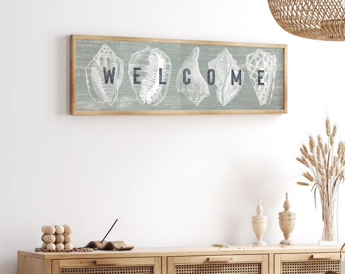 Sage Green Welcome Sign with White Seashells Design, Realistic Vintage Driftwood Texture, Framed Canvas or Waterproof Aluminum for Outdoors