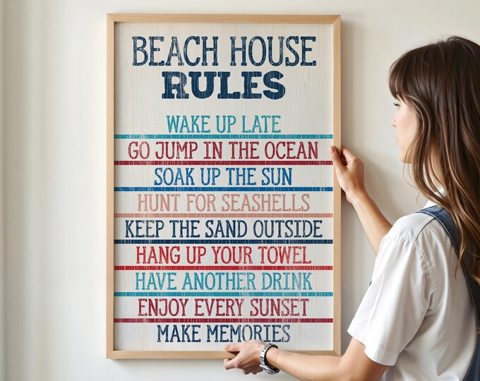 Colorful Sign for Beach House, Vintage Rules Print, Distressed Cream Coastal Art