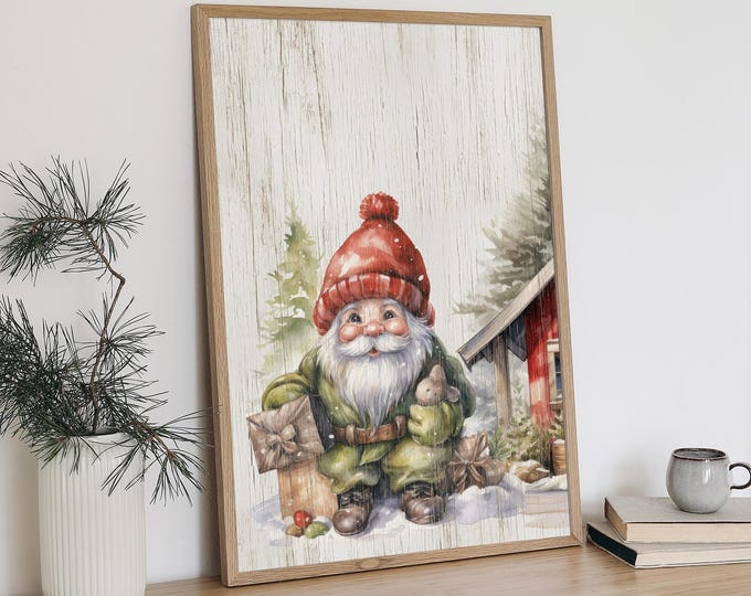 Gnome Wall Art, Watercolor Christmas Scene with Gifts beside a Red Barn