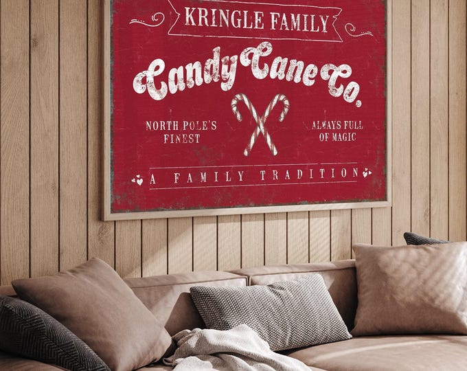 Kringle Family Candy Cane Co. Sign in Cream on Barn Red