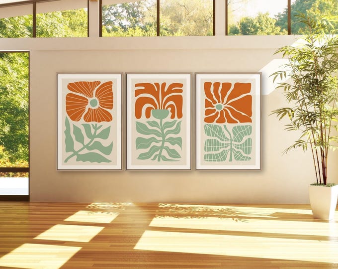 Abstract Floral Triptych Wall Art, Neutral Farmhouse Print Set of 3