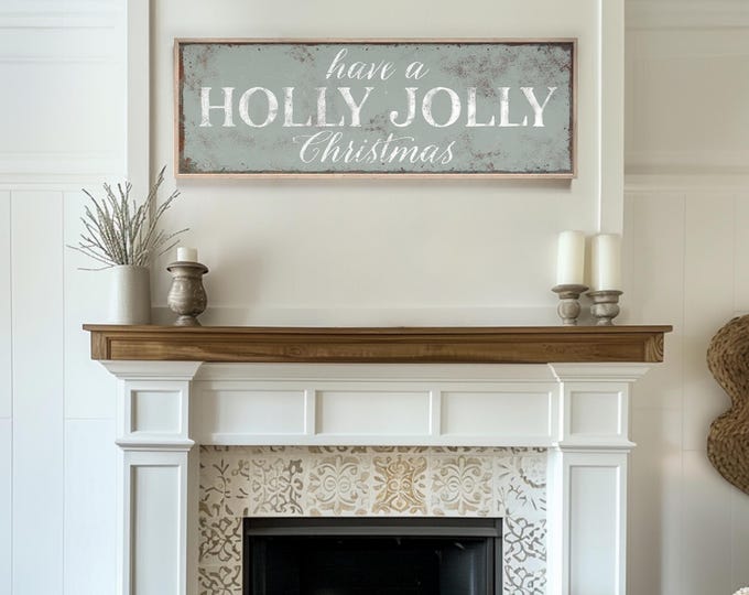 A Holly Jolly Christmas Sign in Cream on Weathered Blue Grey