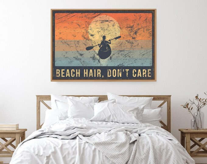 Retro beach hair don't care poster, navy kayak paddler at sunset, large coastal canvas in coral and aqua