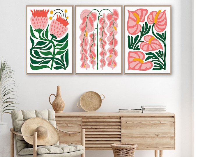 Triptych Prints, Pink Coral Folk Flowers, Green Stems, Mustard Accents, Gift For Her