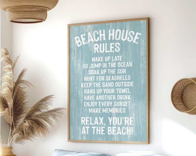 Vacation Rental Beach House Rules Sign, Powder Blue Driftwood Print, Coastal Canvas Wall Art