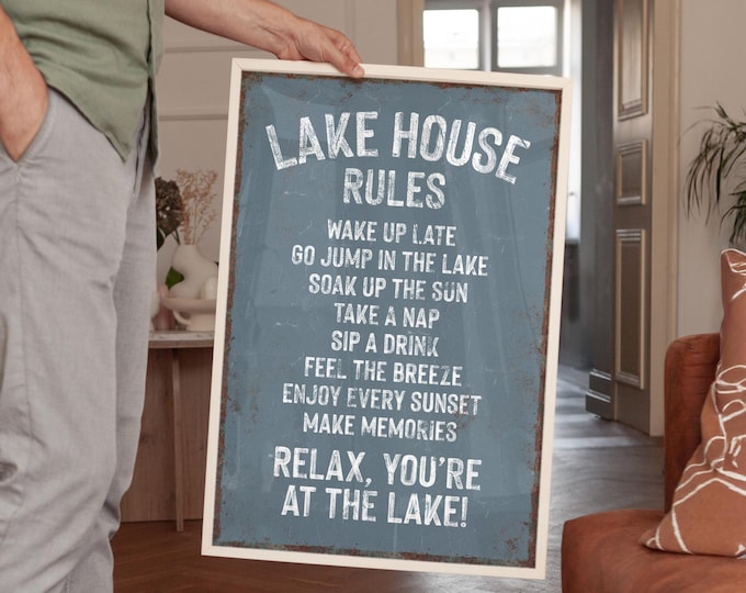 Harbor Blue Lake House Rules Print - Rustic Frame, Outdoorsy Gift