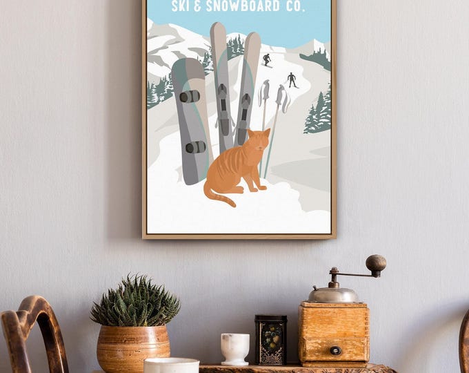 Fireplace Decor, Vintage Style Cat, Pale Blue Wall Art, Ski And Snowboard Co